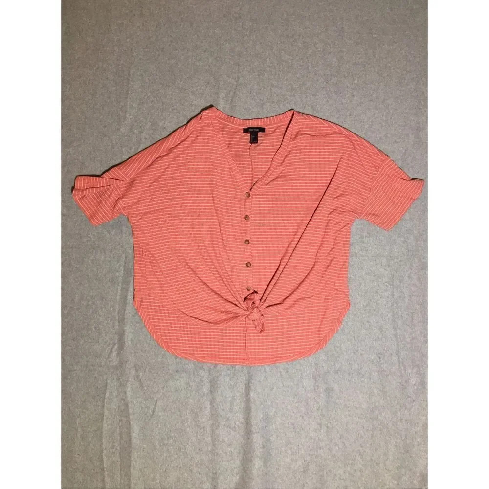 Womens Forever 21 Shirt Size Small Pink White Stripes Tie Cropped Teen Casual